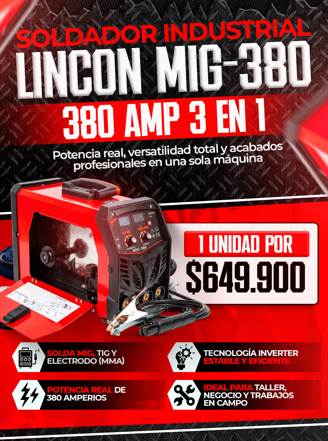 SOLDADOR INDUSTRIAL LINCON MIG-380 AMP 3 EN 1